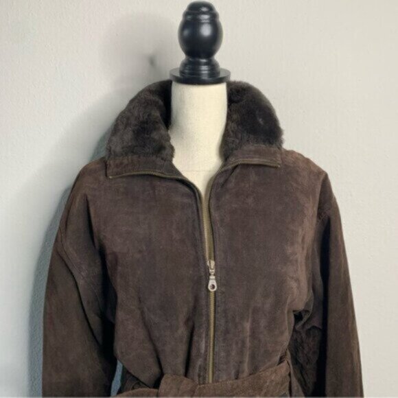 Wilsons Leather Brown Faux Fur Collar Cuffs Suede Leather Coat - Picture 9 of 17
